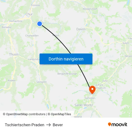 Tschiertschen-Praden to Bever map