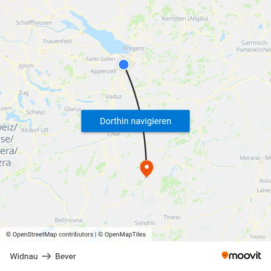 Widnau to Bever map