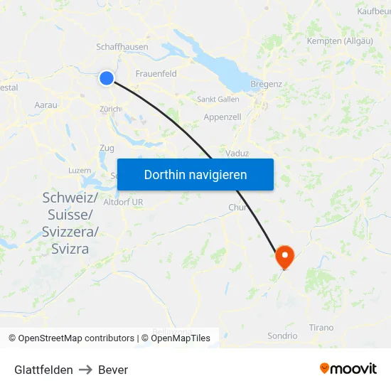 Glattfelden to Bever map