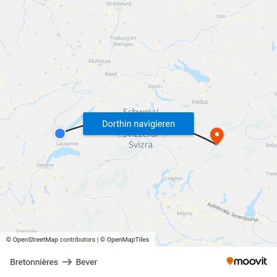 Bretonnières to Bever map