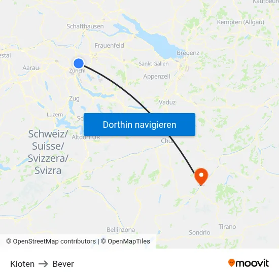 Kloten to Bever map