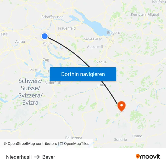 Niederhasli to Bever map