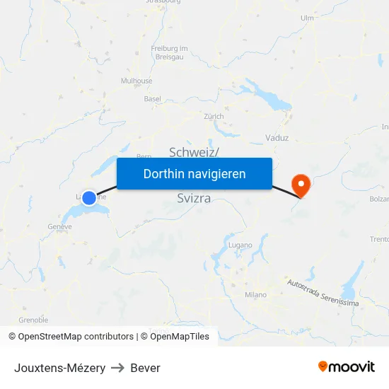 Jouxtens-Mézery to Bever map