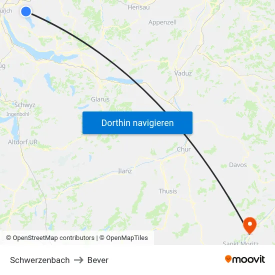 Schwerzenbach to Bever map