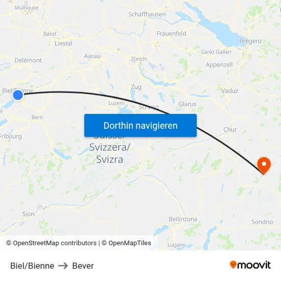 Biel/Bienne to Bever map