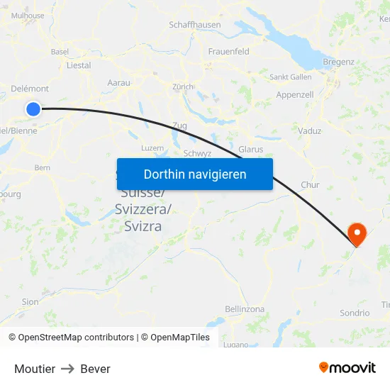 Moutier to Bever map