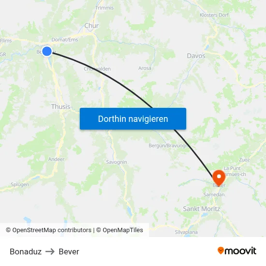 Bonaduz to Bever map
