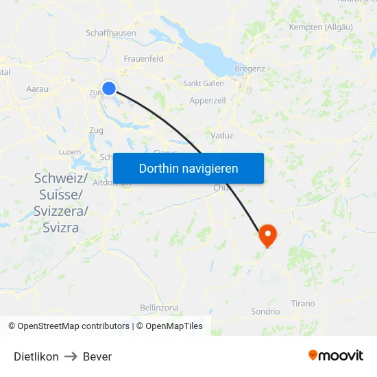 Dietlikon to Bever map