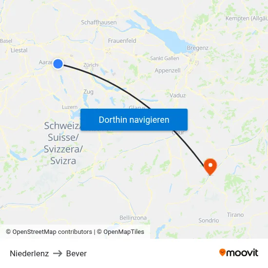 Niederlenz to Bever map