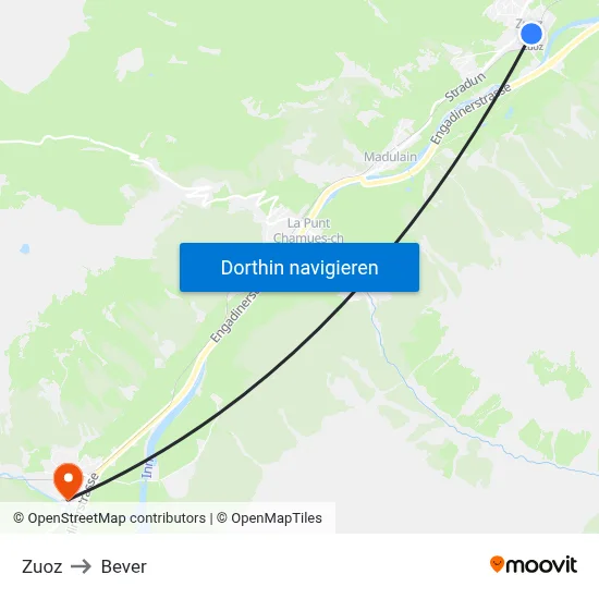 Zuoz to Bever map