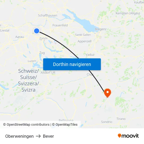 Oberweningen to Bever map