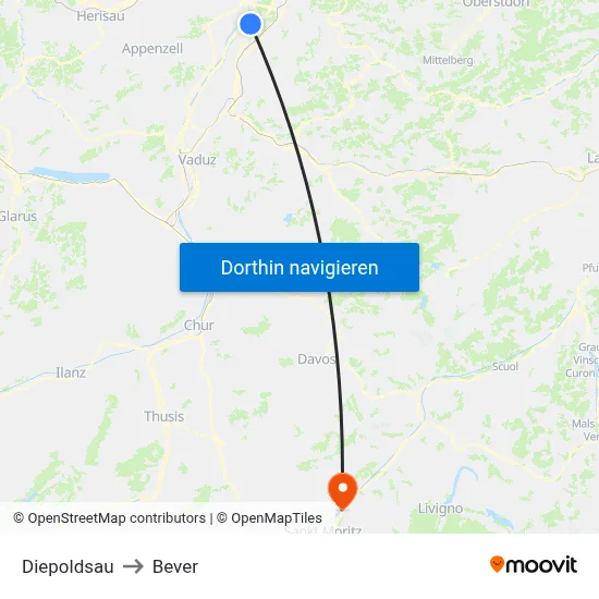 Diepoldsau to Bever map
