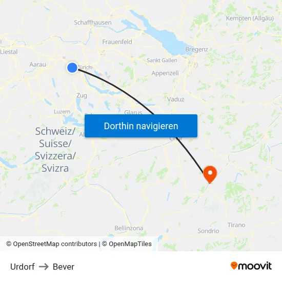Urdorf to Bever map