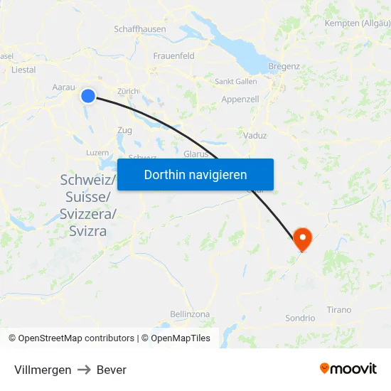 Villmergen to Bever map