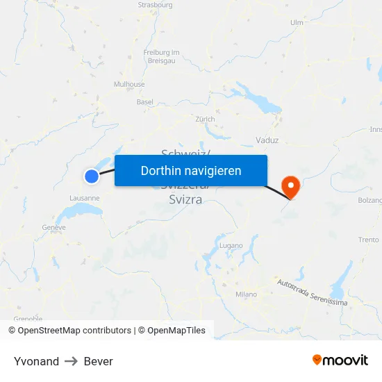 Yvonand to Bever map