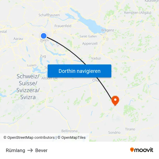 Rümlang to Bever map