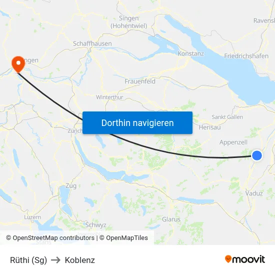 Rüthi (Sg) to Koblenz map