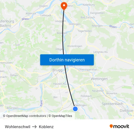 Wohlenschwil to Koblenz map