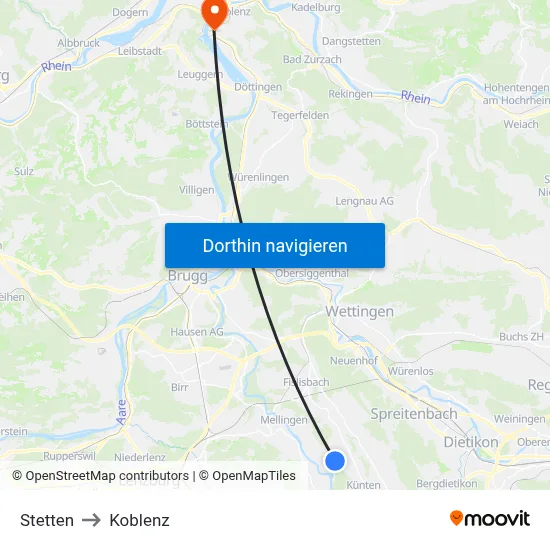 Stetten to Koblenz map