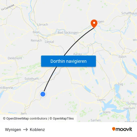 Wynigen to Koblenz map