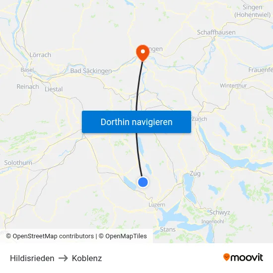 Hildisrieden to Koblenz map
