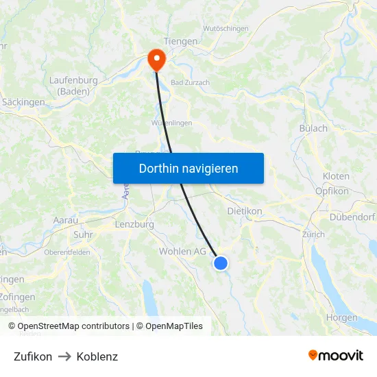 Zufikon to Koblenz map