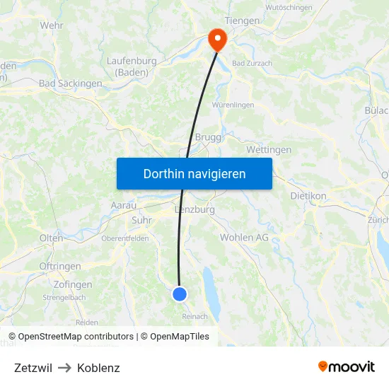 Zetzwil to Koblenz map