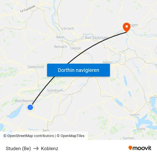 Studen (Be) to Koblenz map