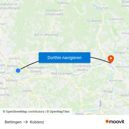 Bettingen to Koblenz map