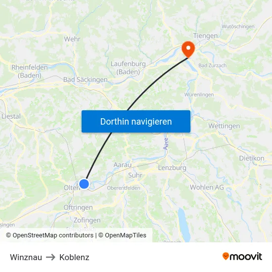Winznau to Koblenz map