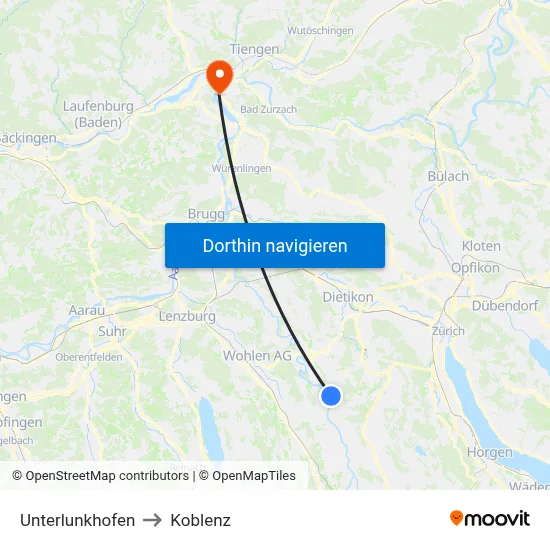 Unterlunkhofen to Koblenz map