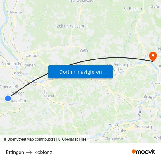 Ettingen to Koblenz map