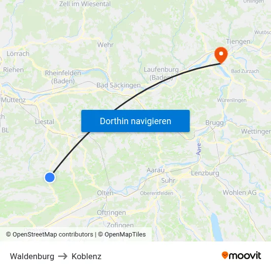Waldenburg to Koblenz map