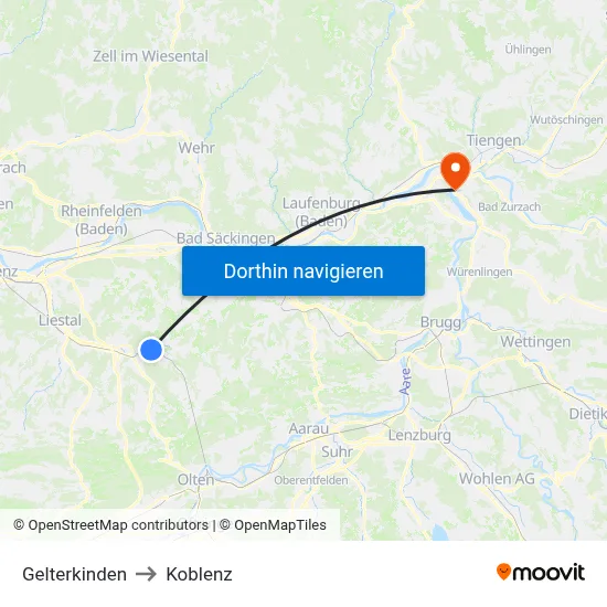 Gelterkinden to Koblenz map