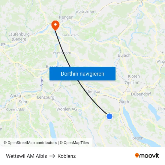 Wettswil AM Albis to Koblenz map