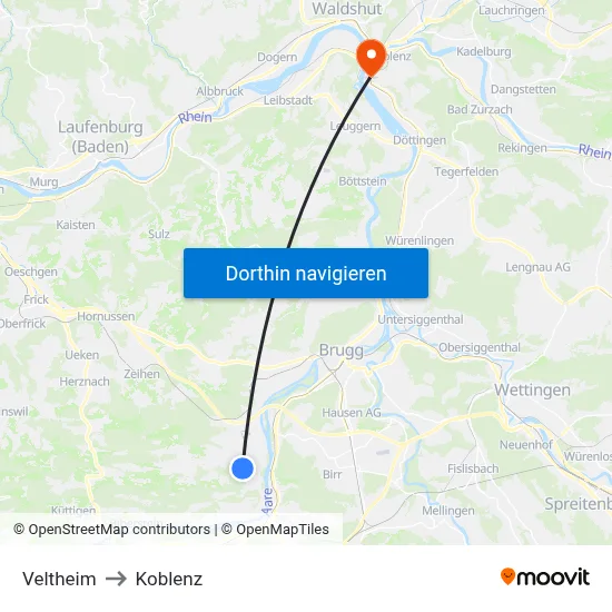 Veltheim to Koblenz map