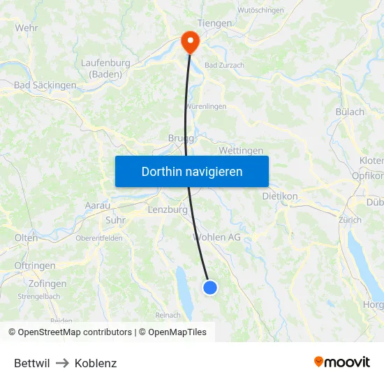 Bettwil to Koblenz map
