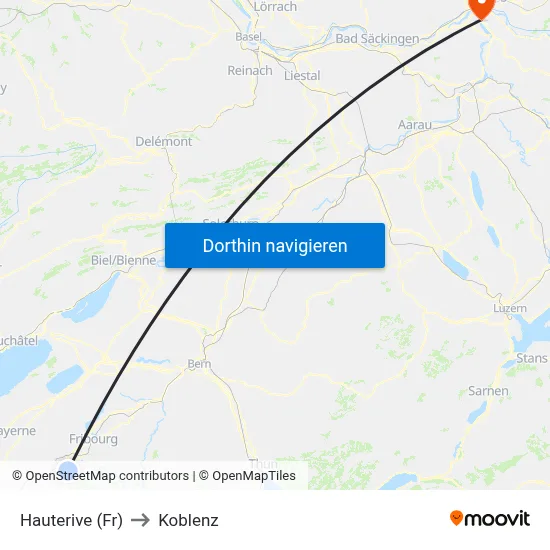 Hauterive (Fr) to Koblenz map