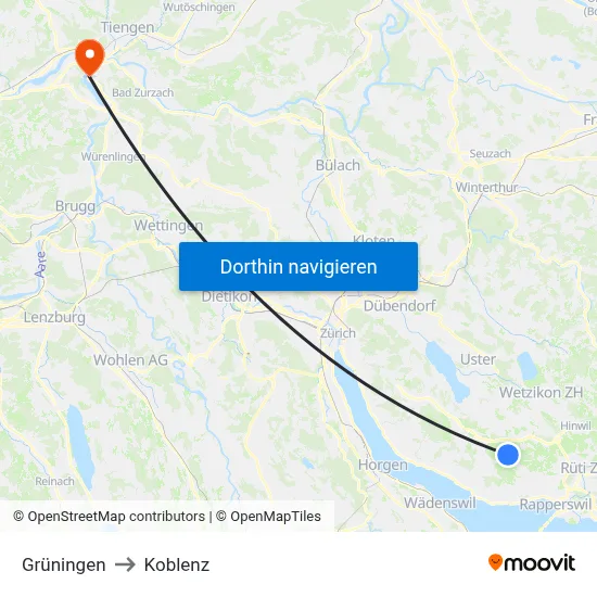 Grüningen to Koblenz map