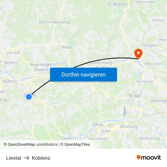 Liestal to Koblenz map