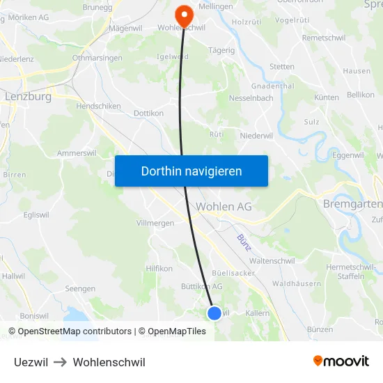 Uezwil to Wohlenschwil map
