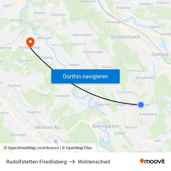 Rudolfstetten-Friedlisberg to Wohlenschwil map
