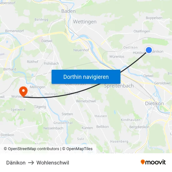 Dänikon to Wohlenschwil map