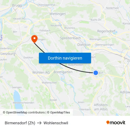 Birmensdorf (Zh) to Wohlenschwil map