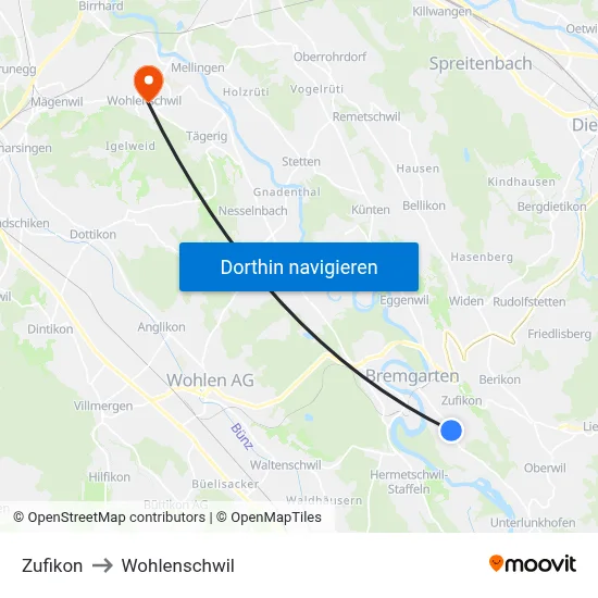Zufikon to Wohlenschwil map