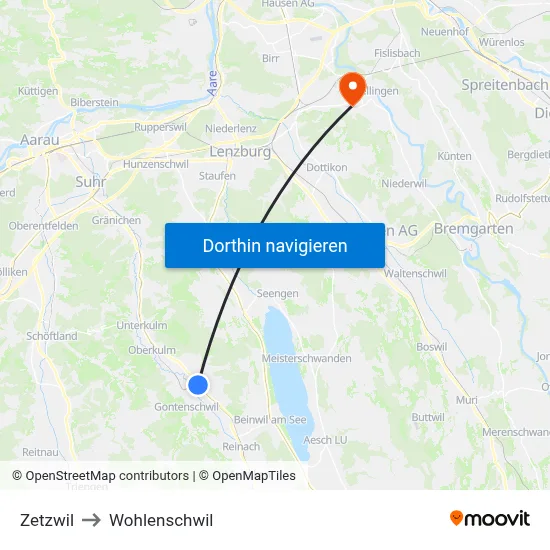 Zetzwil to Wohlenschwil map