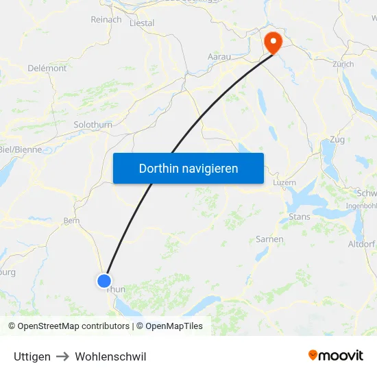 Uttigen to Wohlenschwil map
