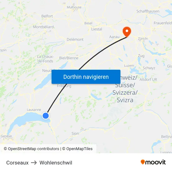 Corseaux to Wohlenschwil map