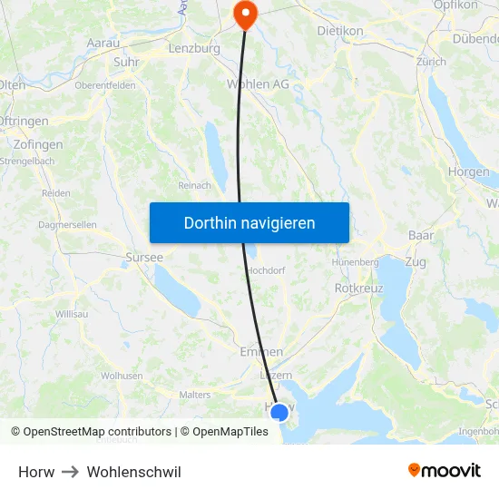 Horw to Wohlenschwil map