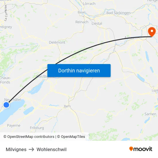 Milvignes to Wohlenschwil map